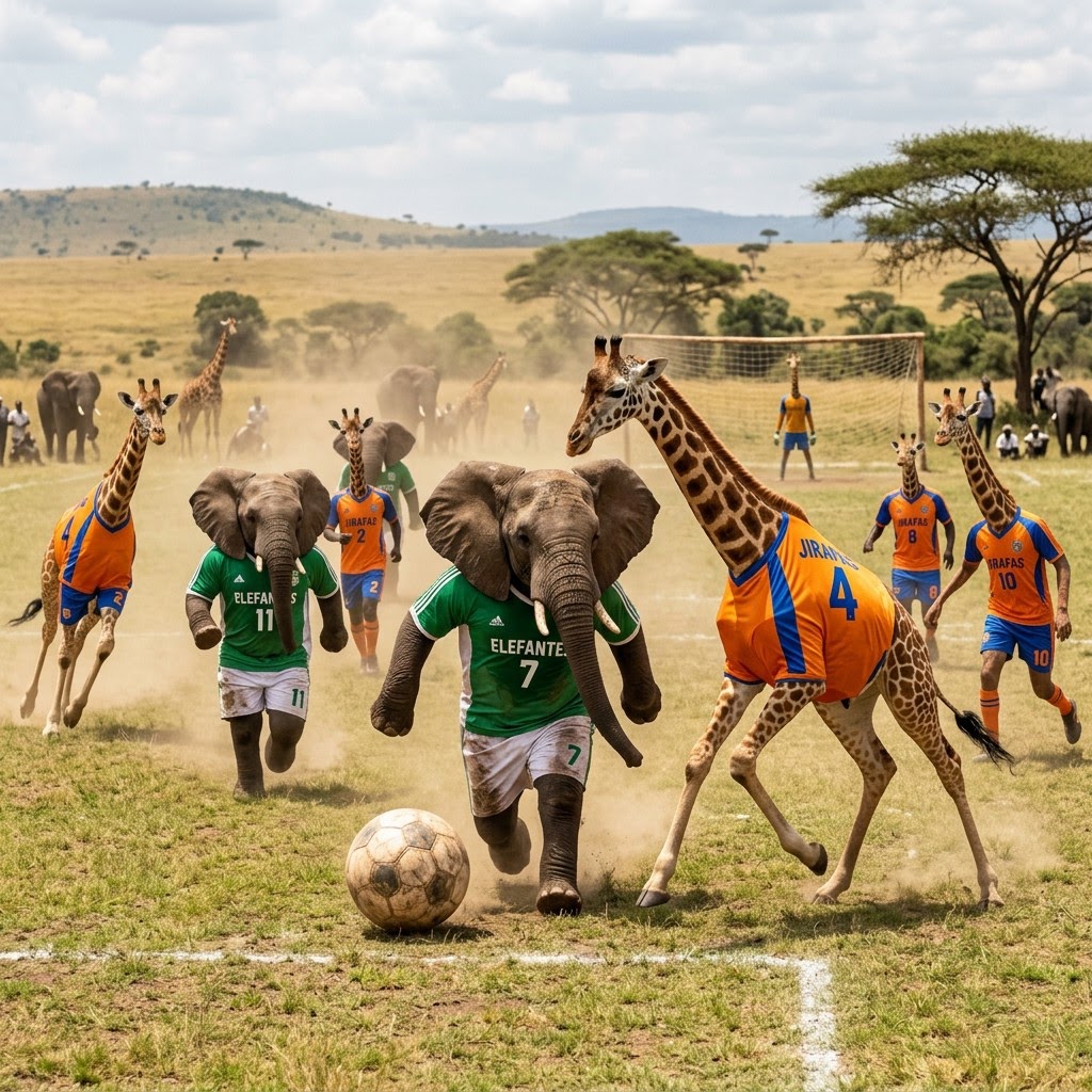 Equipo de elefantes jugando futbol contra un equipo de jirafas, fotografía real