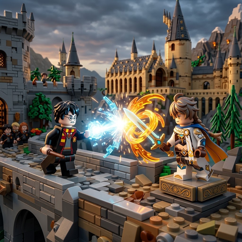 Un mago de howarts que esta luchando con magia contra un mago tipo kenshing impact, todo hecho de lego