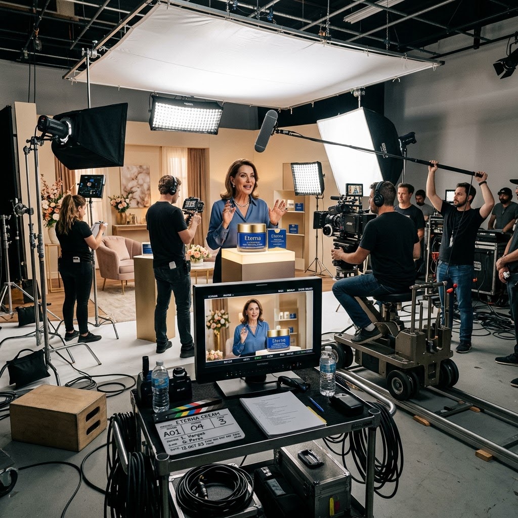 Una mujer vendiendo una crema antiarrugas, en un set de fotografía con luces y fondo, la foto es tomada de lejos como un