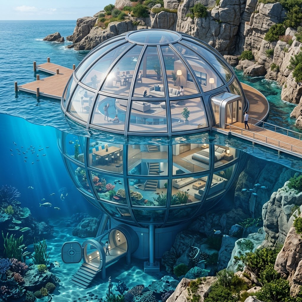 Casa grande tipo burbuja con mas de la mitad dentro del agua, con entradas por debajo y lados, en perspectiva isometrica