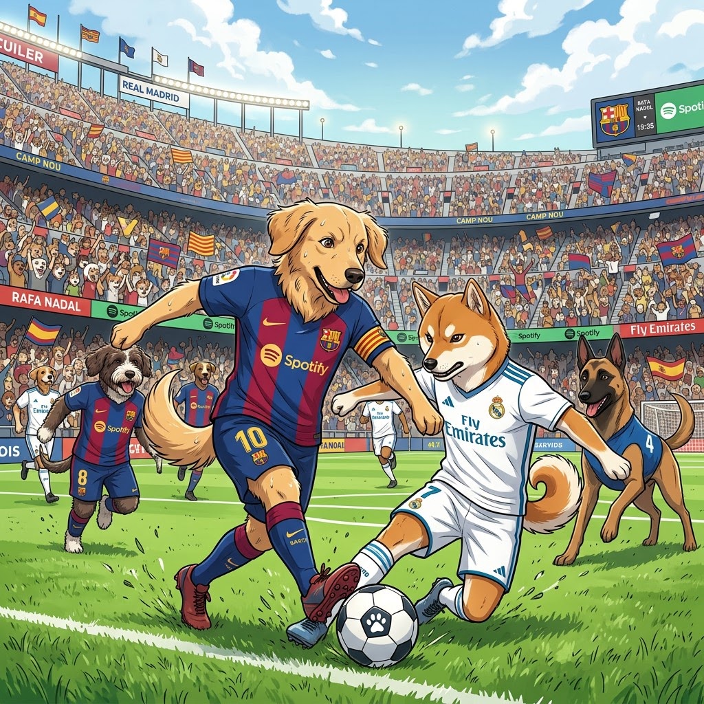 Equipo de perros jugando futbol con uniformes de barcelona y real madrid