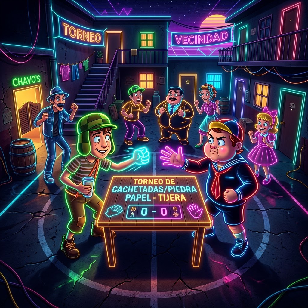 El chavo del ocho vs kiko jugando piedra papel o tijera, vista area, dentro de la vecindad, otros personajes viendolos, 